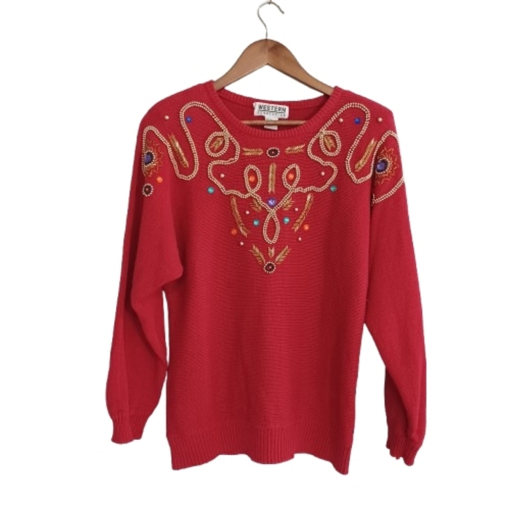 Western Connection Vintage Red Embellished Gemstone Beaded Sweater Top